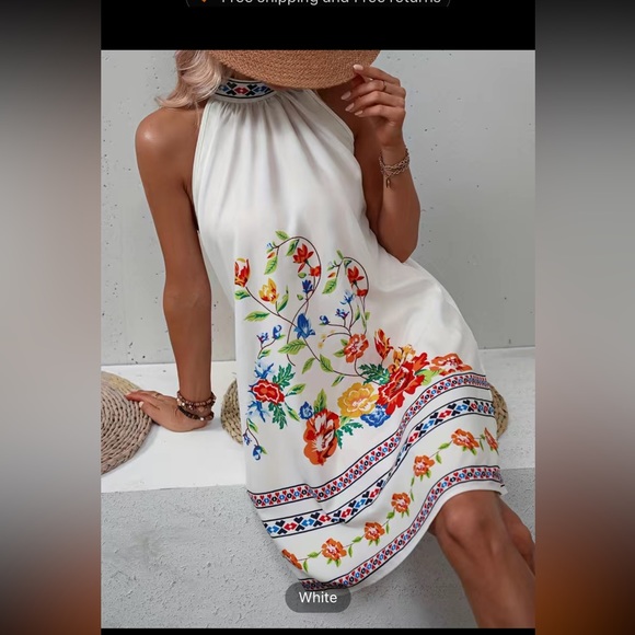 Vintage Floral Print Dress, Casual Tie Back Sleeveless Dress, - Picture 7 of 8